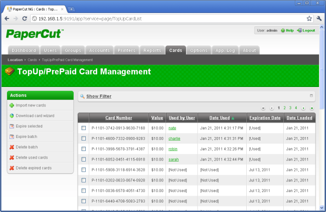 Managing cards from the administration interface 