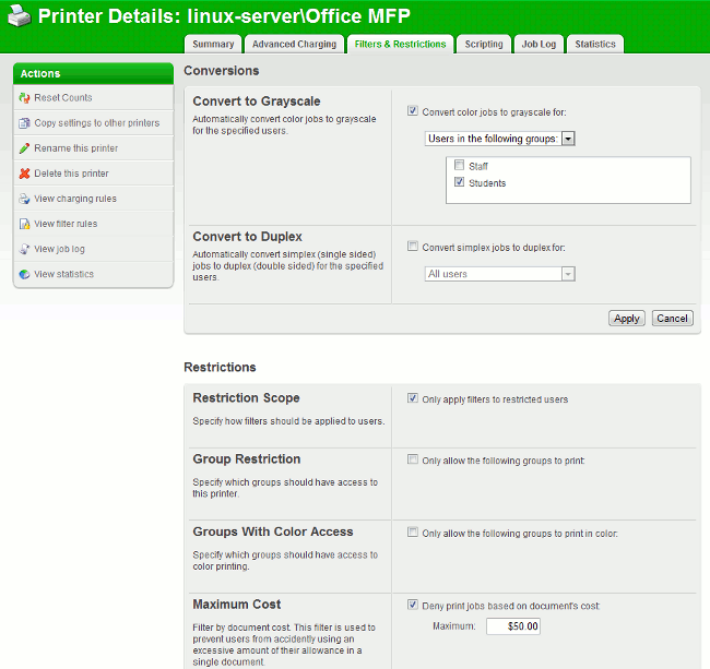 Some of the available printer filters