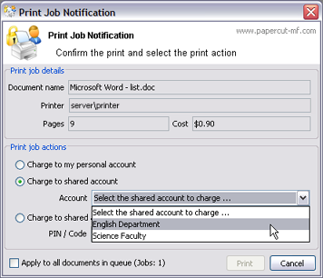 Charging to a shared account while printing from a workstation