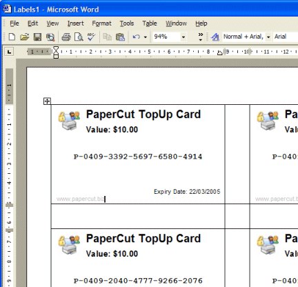 Cards laid out in MS Word