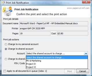 Charging to a shared account while printing from a workstation
