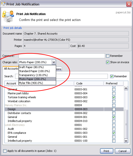 Charge rates provide a configurable list of optional rates. They can be used to charge different amounts for different paper types or circumstances. 