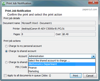 Charging to a shared account while printing from a workstation