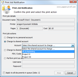 Charging to a shared account while printing from a workstation