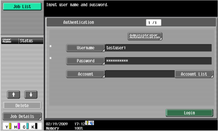 Authenticating with a username and password at a Konica Minolta MFD