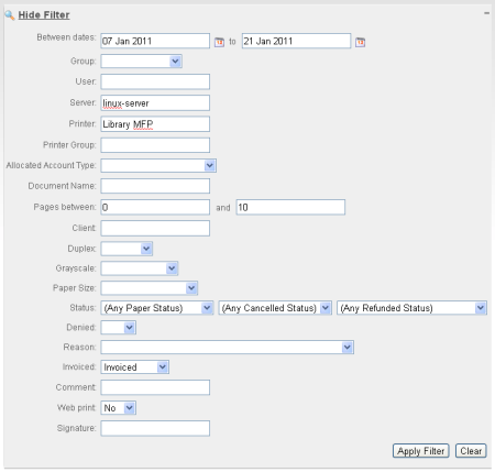 Use the filter panel to narrow the displayed print logs