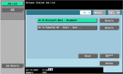 Releasing a print job from a Konica Minolta MFD
