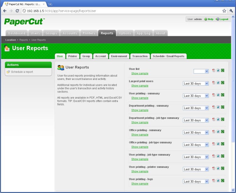 Reports tab showing some of the available user reports