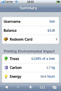 Mobile Summary page - print balance and environmental impact