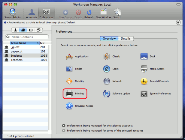 Printing settings via the Workgroup manager