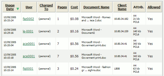 Printer usage log