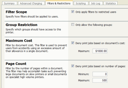 Some of the available printer filters and restrictions