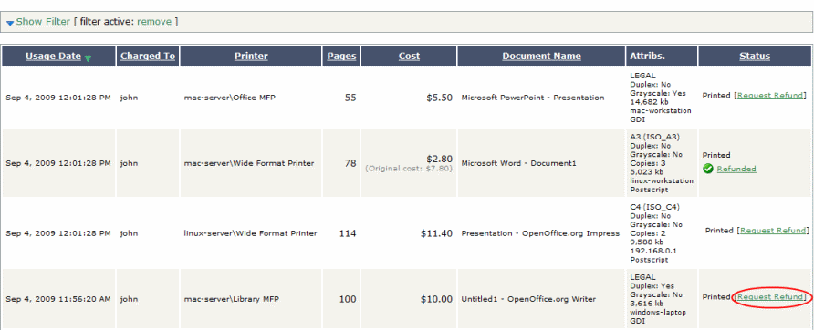 A [Request Refund] link on the Recent Print Jobs