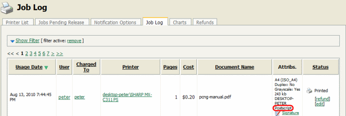 Print Job Log showing the PostScript metadata