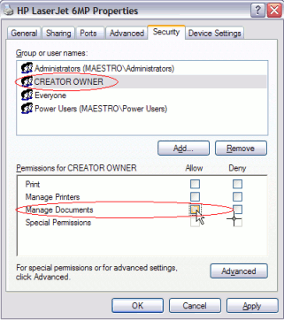 Configuring Windows print queue permissions