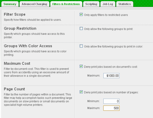 Printer Filters and Restrictions