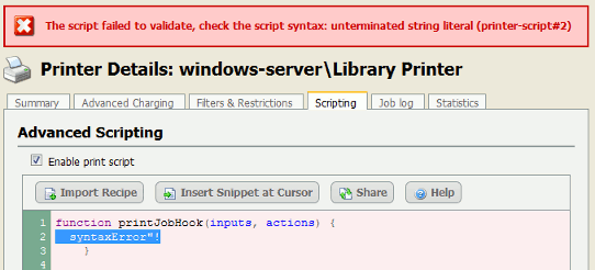 Example syntax error in a print script