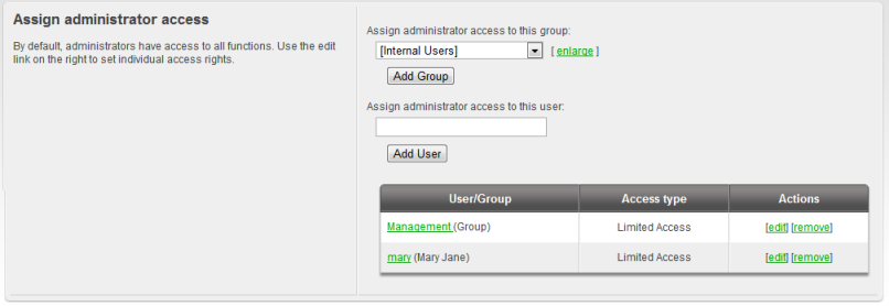 The list of users and groups granted admin access