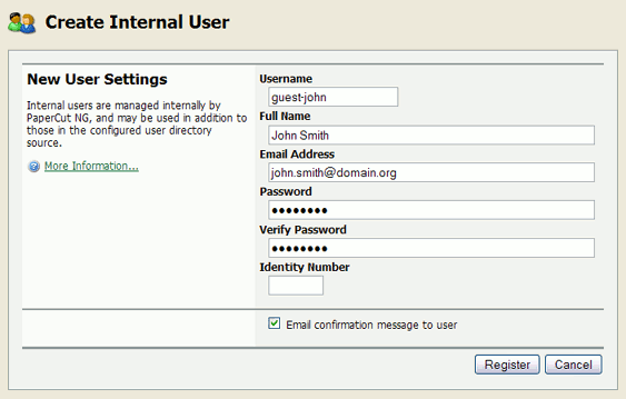 Creating an internal user from the administration interface