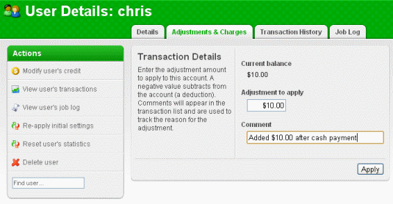 Adjusting a user's credit up $10.00