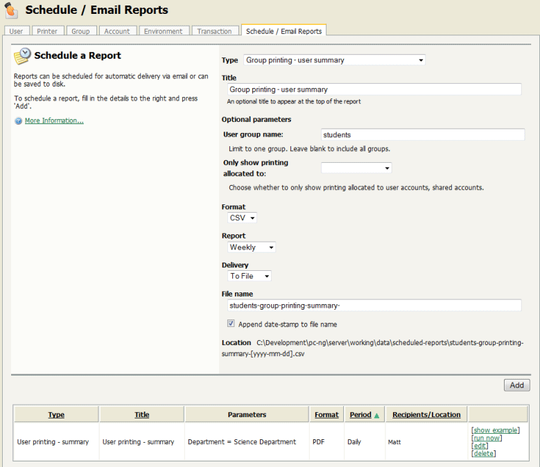 The Scheduled Reports page