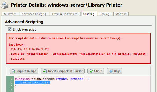 Example runtime error in a print script