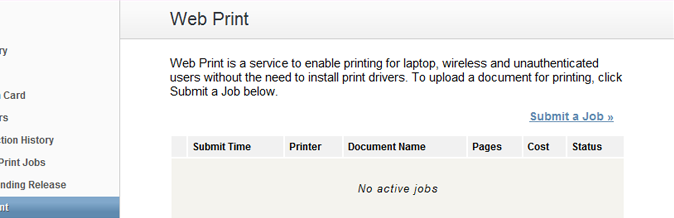 The front Web Print page before any jobs have been submitted