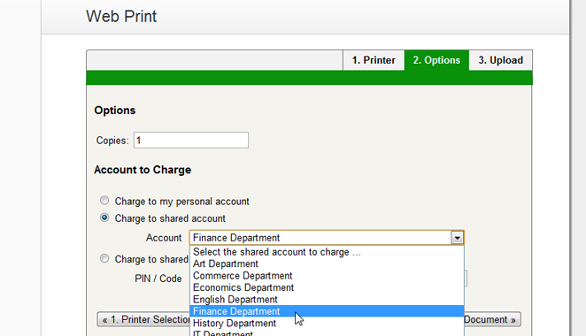 Web Print wizard step 2: account selection options