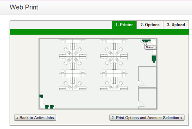 Web Print: printer selection map with a simple floor plan