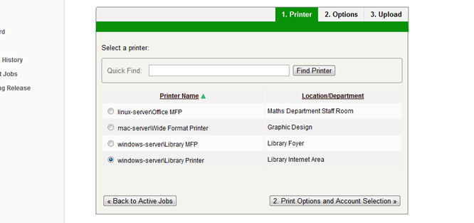 Web Print wizard step 1: list of printers available for Web Print