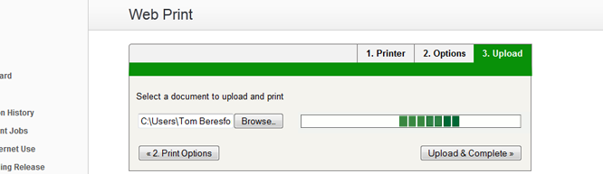 Web Print wizard step 3: document upload in progress
