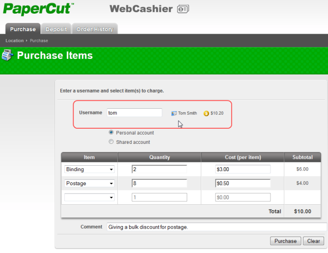 Web Cashier Purchase example