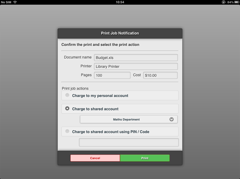 The account selection dialog in the PaperCut App