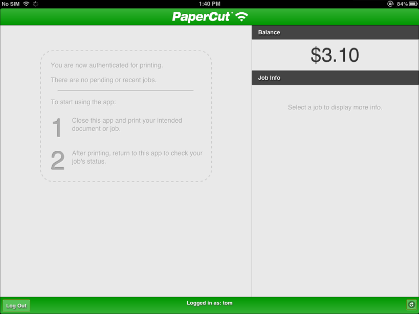 The PaperCut App for iPad (before printing)
