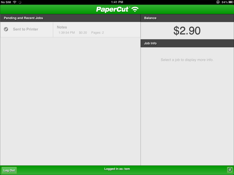 The PaperCut App for iPad (after printing)