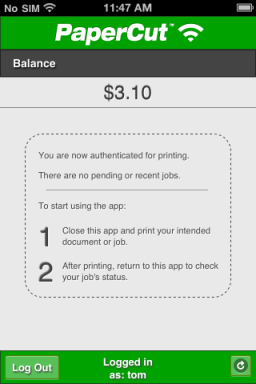 The PaperCut App for iPhone(before printing)