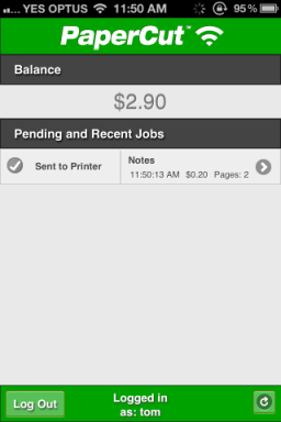 The PaperCut App for iPhone (after printing)