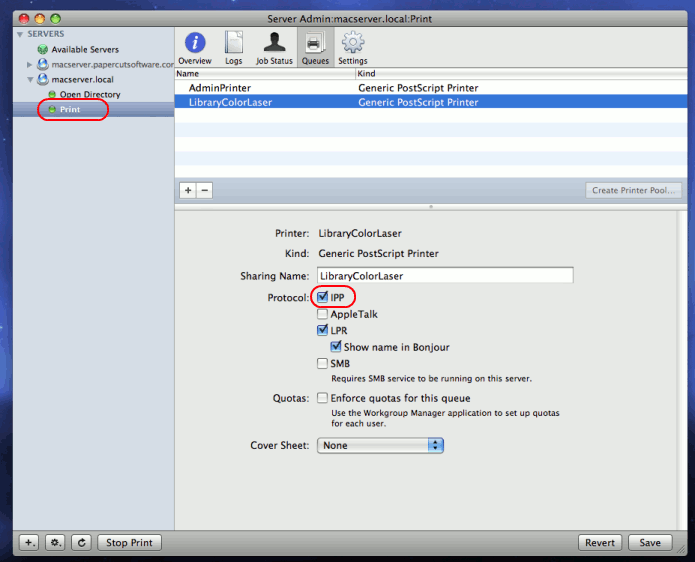 Enable IPP on each queue via Server Admin