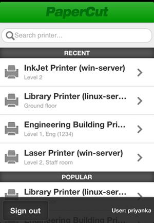 The Mobile Print Release printer list