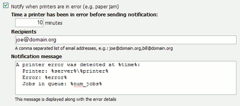 Printer error notification settings
