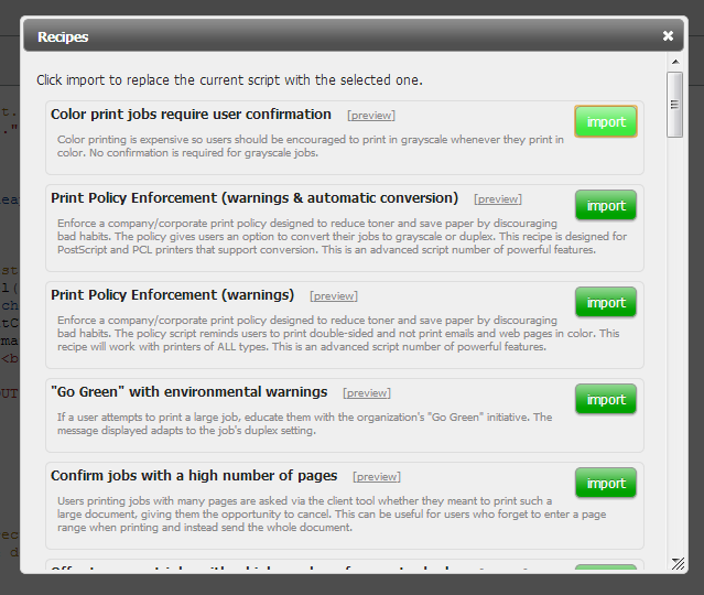 Importing a print script recipe