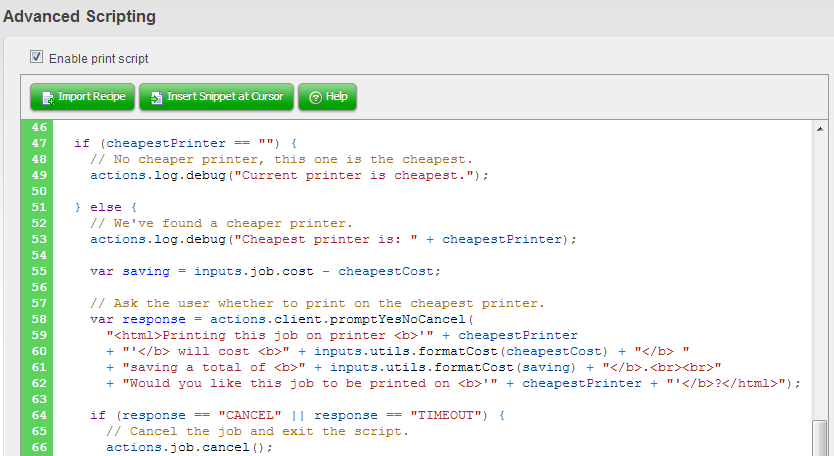 The print script editor showing a sample script