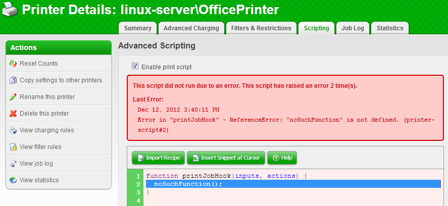 Example runtime error in a print script
