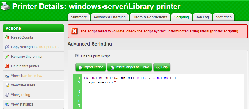 Example syntax error in a print script