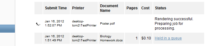 Web Print front page showing active jobs