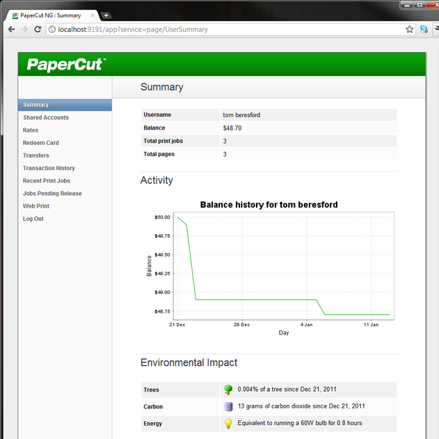 PaperCut user web pages