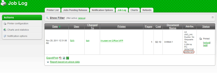 Print Job Log showing the PostScript metadata