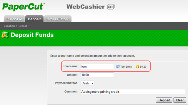 Web Cashier Deposit example