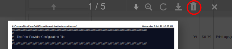 The print job viewer showing the remove option in the toolbar