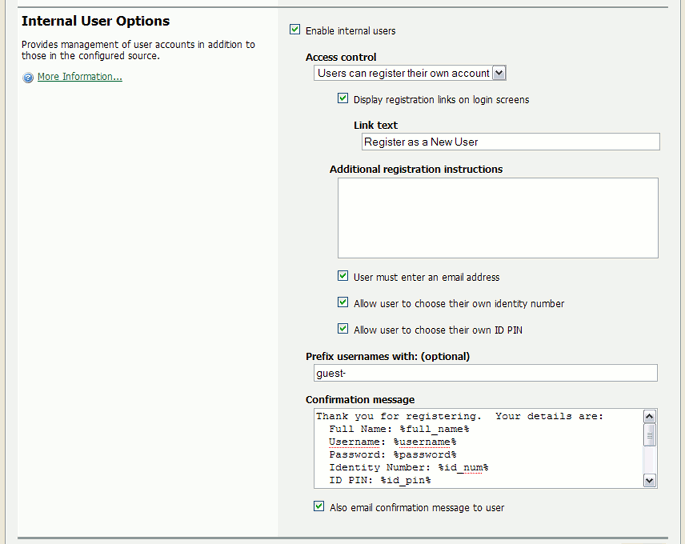 Internal users options